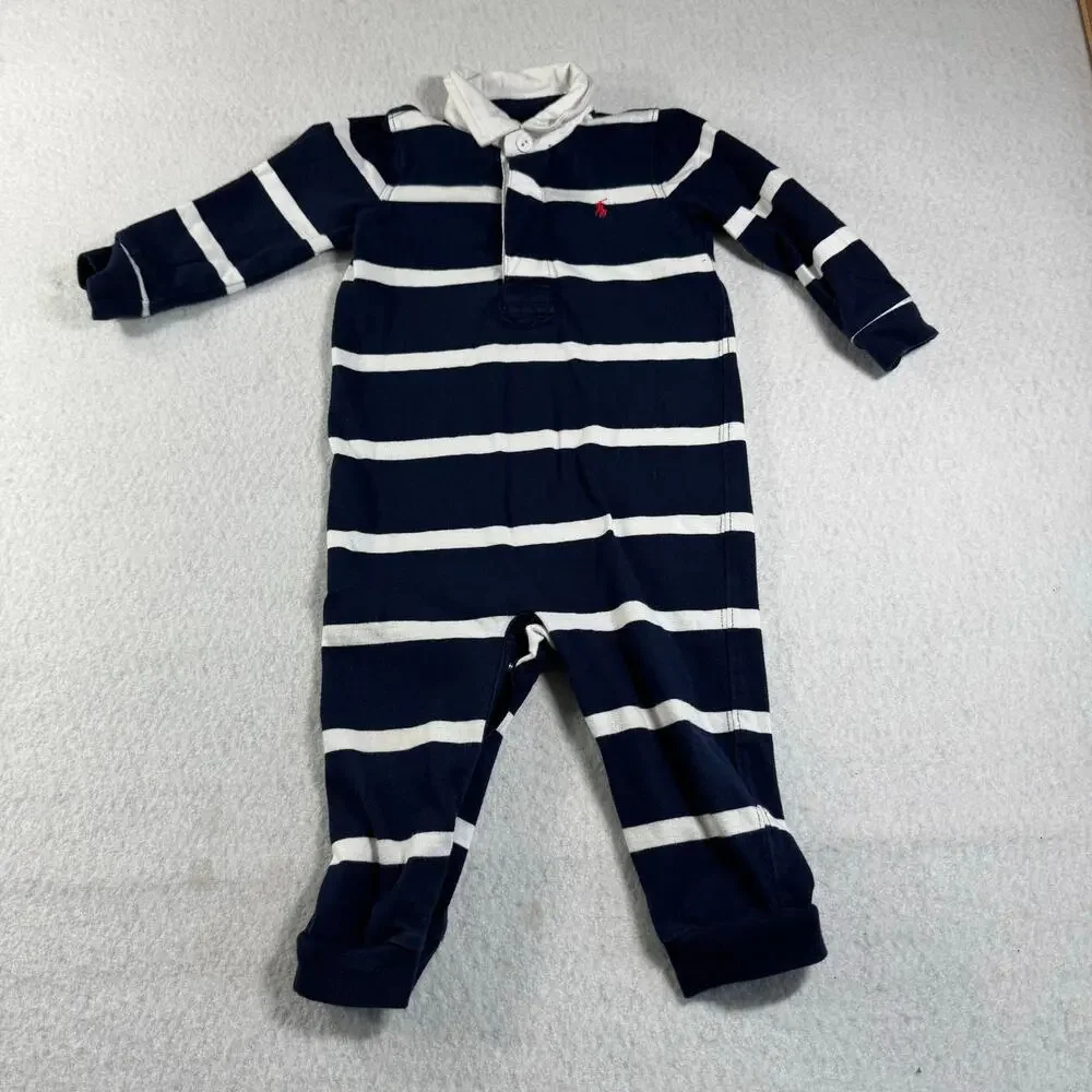 Ralph Lauren 12M Baby Striped Cotton Jersey Rugby Coverall Classic Polo